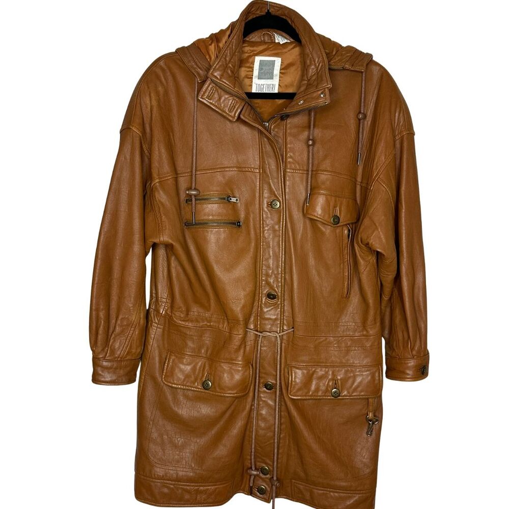 Vintage Leather Field Jacket Men's M Cognac Brown Long Utility 80s 90s Coat‎